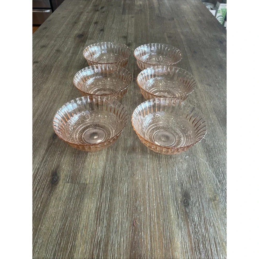 6 Vintage Pink Depression Glass Bowl Diamond Trellis & Fleur de Lis Pattern 7
